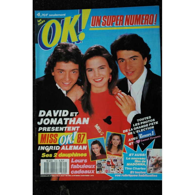 OK ! âge tendre 599 DAVID ET JONATHAN INGRID ALEMAN TINA CHARLES LE FILM DE MADONNA 1987