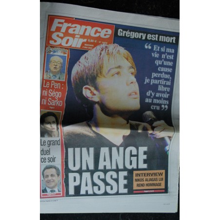 FRANCE SOIR  2 mai 2007  Grégory Lemarchal est mort