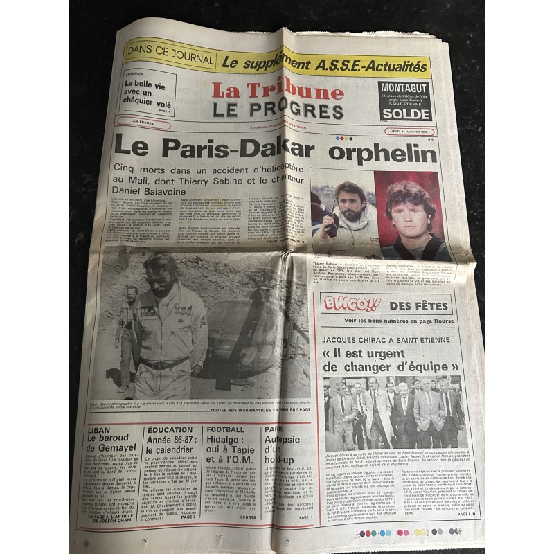 La Tribune Le Progrès - 16 janvier 1986 - Mort de Daniel Balavoine et de Thierry Sabine Le Paris-Dakar orphelin