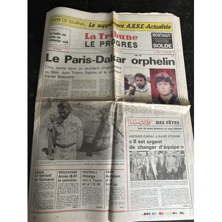 La Tribune Le Progrès - 16 janvier 1986 - Mort de Daniel Balavoine et de Thierry Sabine Le Paris-Dakar orphelin