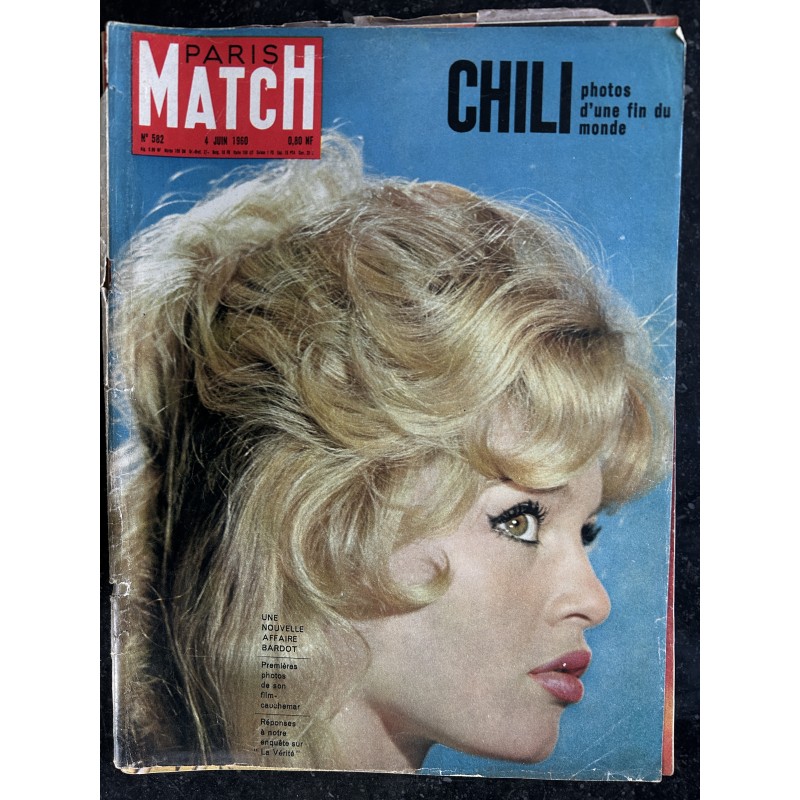 PARIS MATCH N°  582 4 juin 1960 Brigitte BARDOT cover + 7 p. - Chili photos d'une fin du monde